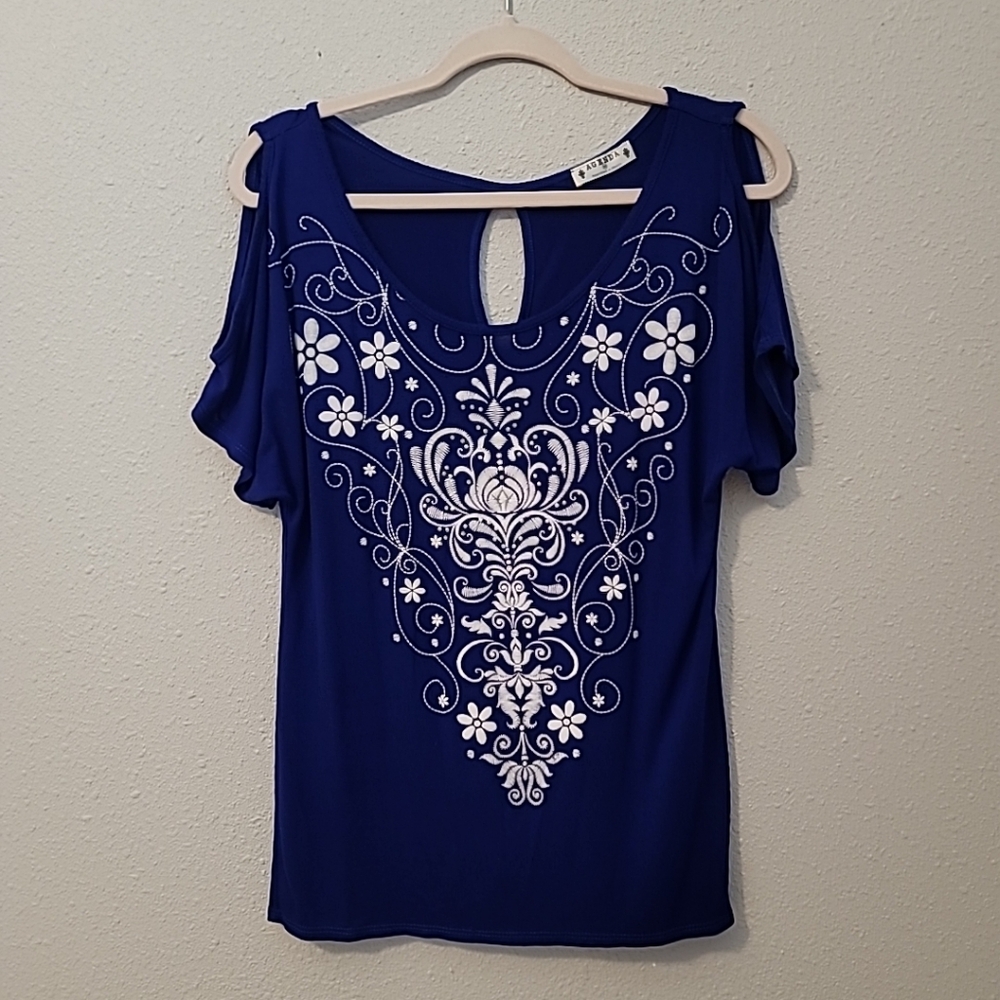 Royal Blue Embroidered Cold Shoulder Top by AGENDA Sz M~ keyhole back